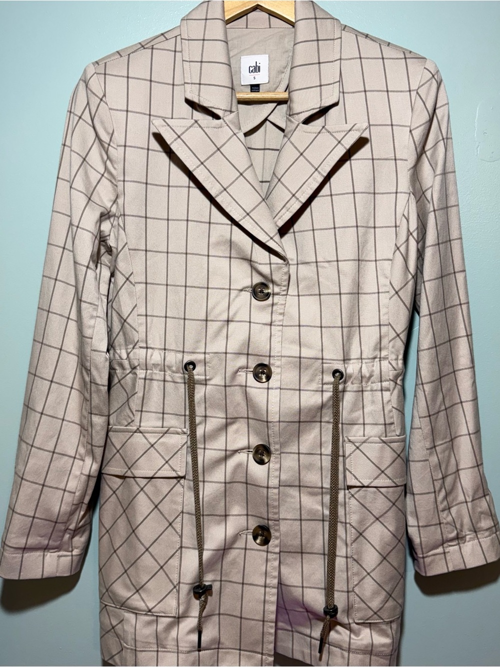 CAbi Beige Windowpane Drawstring Trench Coat